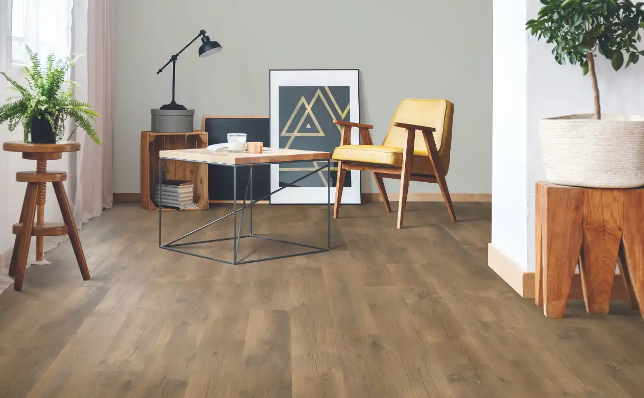 Laminate floor with leather chair and plants 